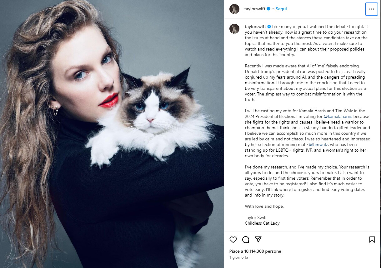 Effetto Taylor Swift: 337mila persone si registrano al voto dopo il suo endorsement