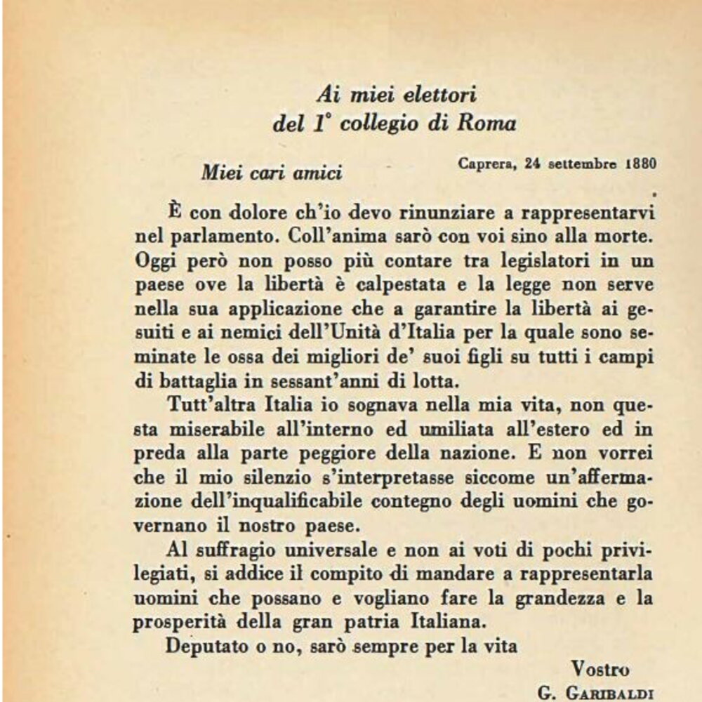 Giuseppe Garibaldi si dimette da deputato: la lettera del 24 settembre 1880